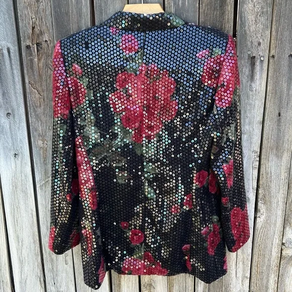 Escada Vintage Y2K Sequin Embellished Floral Blazer Jacket Black Red 38